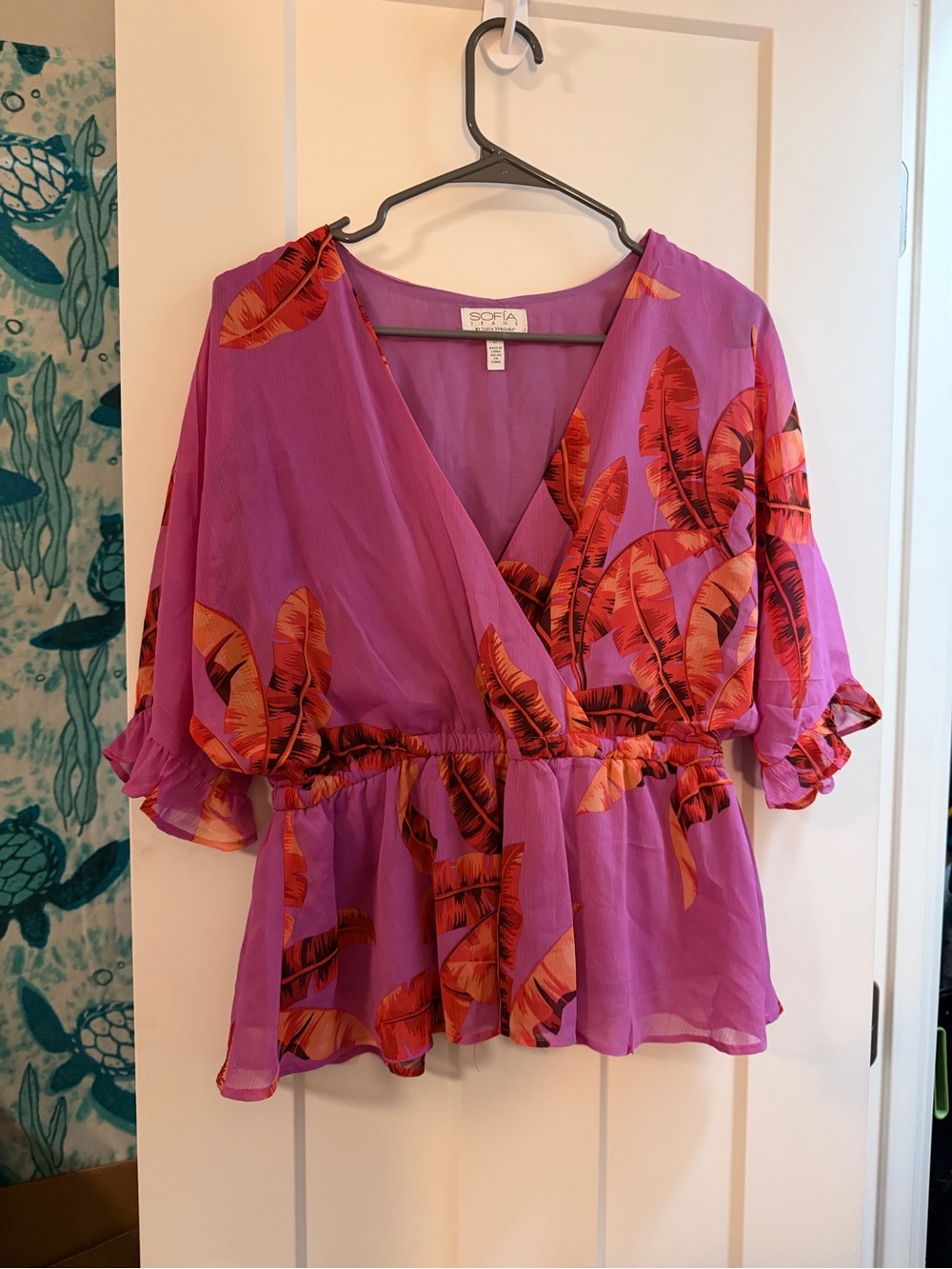 sofia by sofia vergara Purple Pink Orange Tropical Print Peplum Blouse